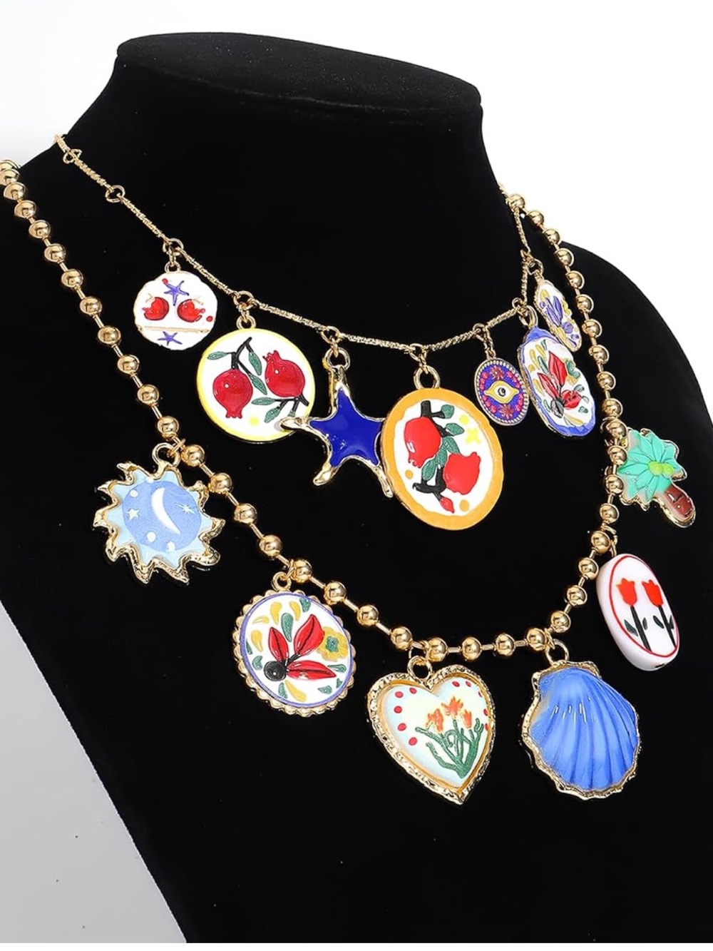 Hand-Painted Multi-Charm Gold-Tone Women's Necklace